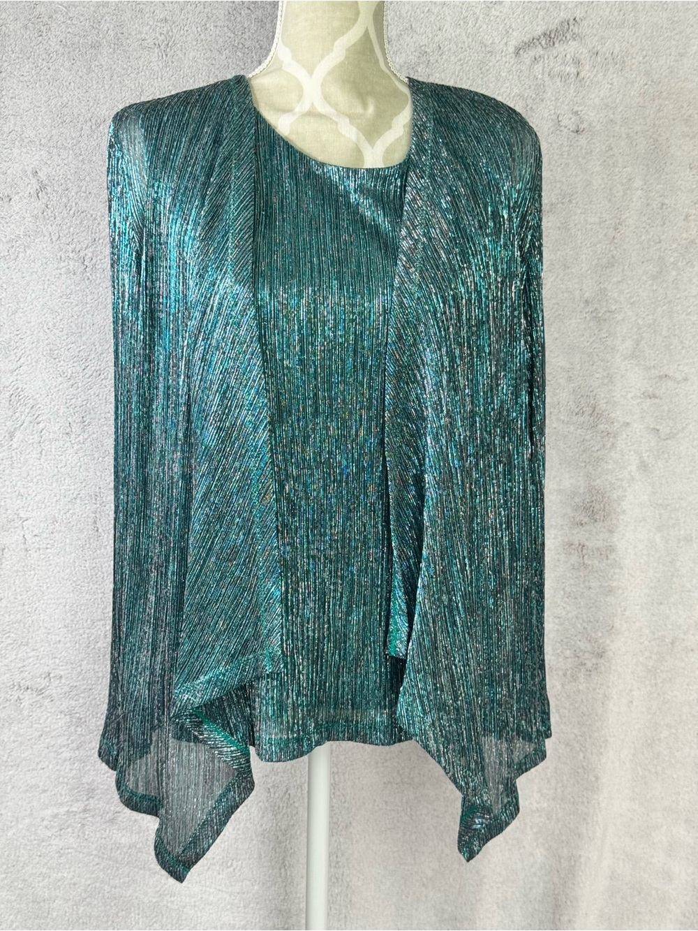 TanJay Petite Metallic Teal Pleated Women’s Top with Draped Overlay PM/M
